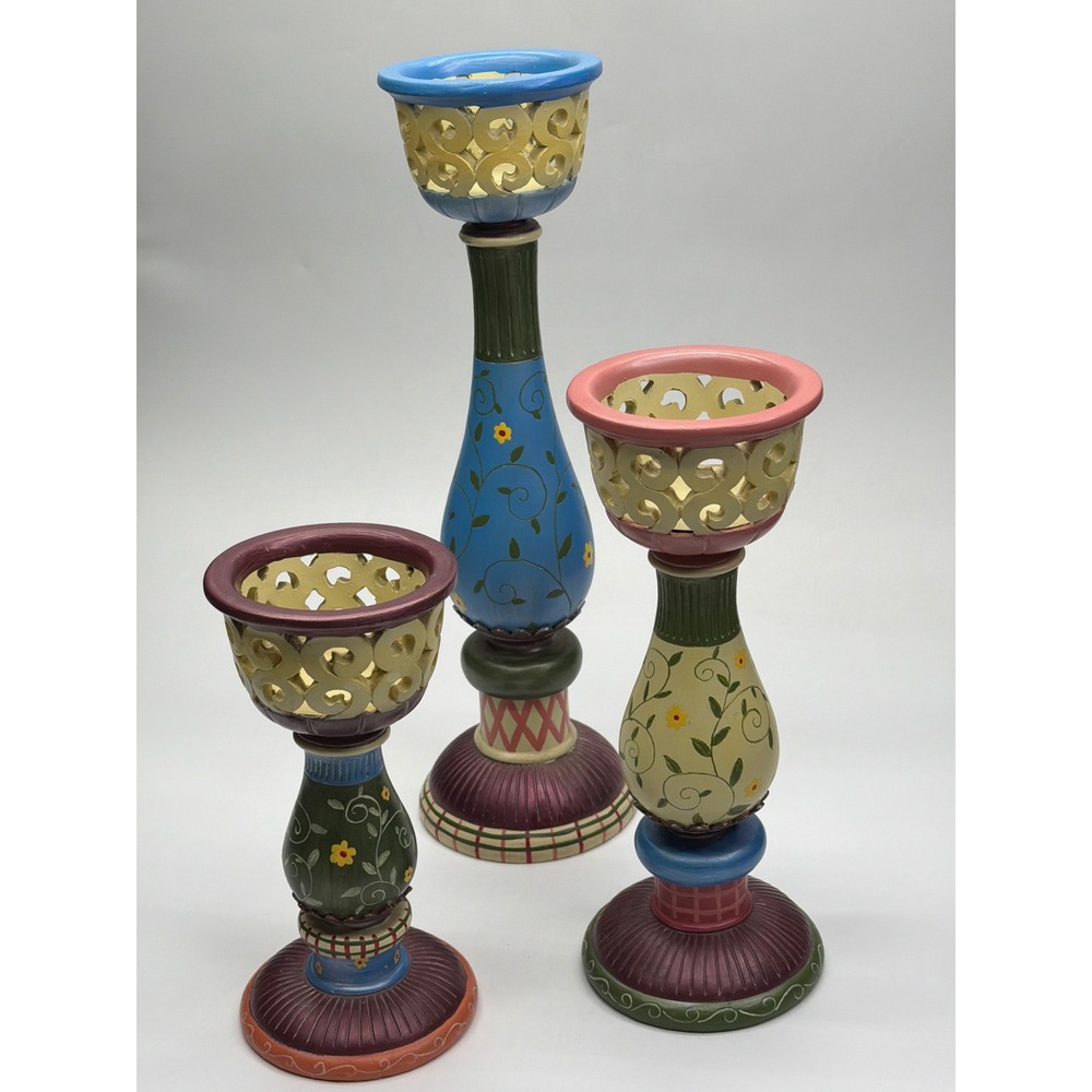Whimsical Hand Painted Floral Wood Candlestick Holders Set of 3 Multicolor Folk